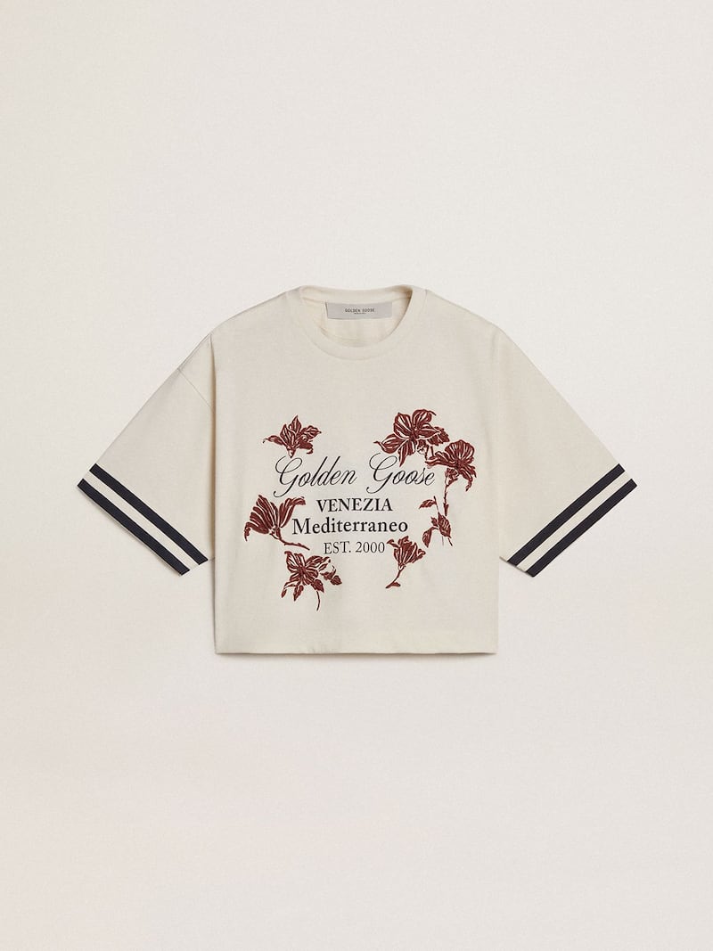 Camiseta oversize corta de mujer en tejido jersey blanco con bordado y estampado «Venezia Mediterraneo»
