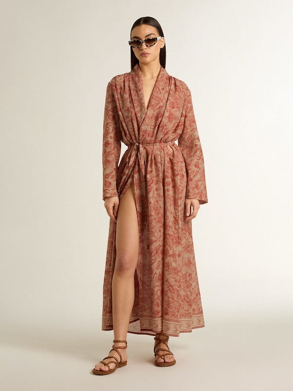 Golden Goose - Women's kaftan in cotton voile with all-over brick-red marine print in 