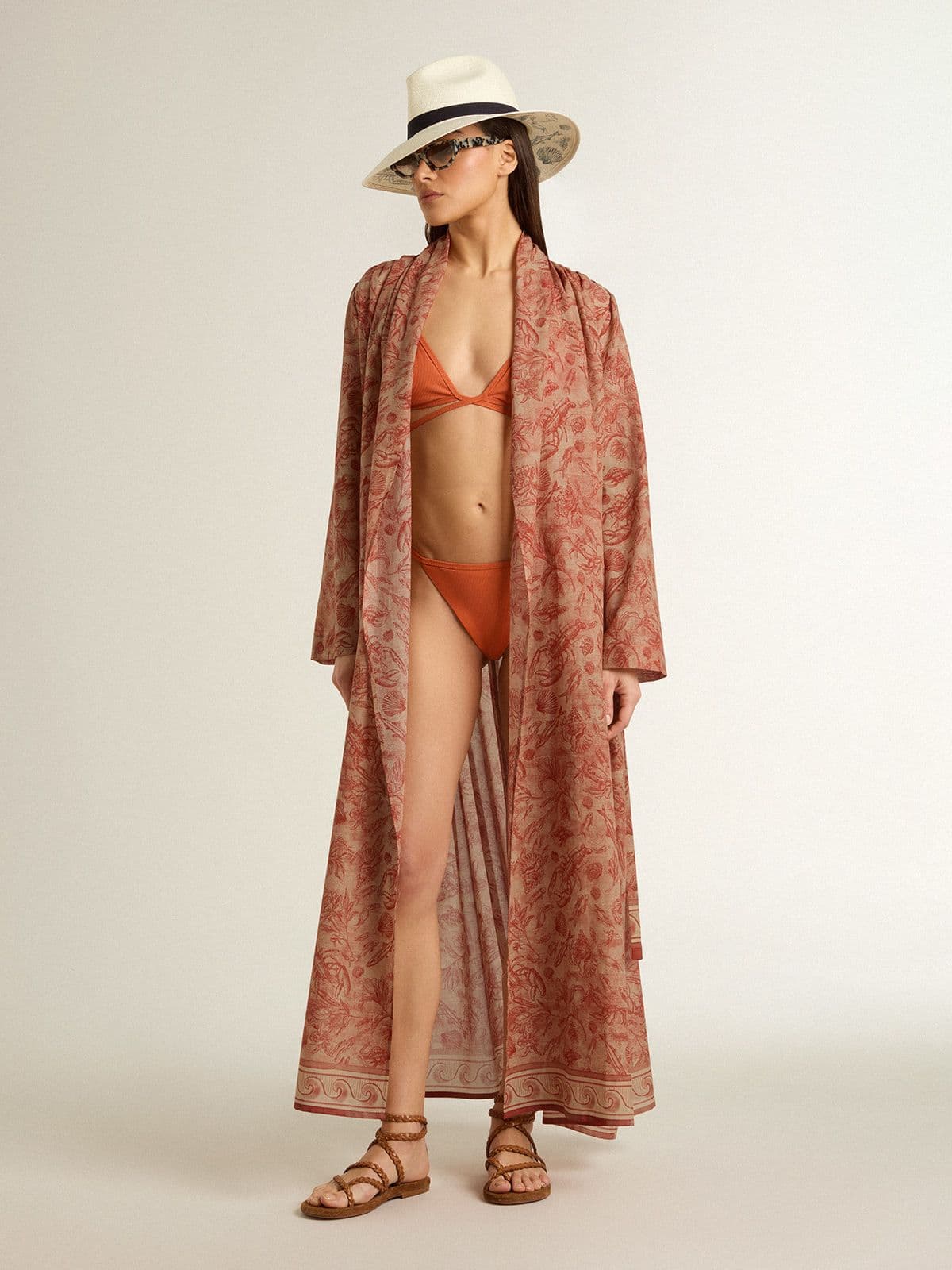 Golden Goose - Damen-Kaftan aus Baumwollvoile mit maritimem Allover-Print in Ziegelrot in 
