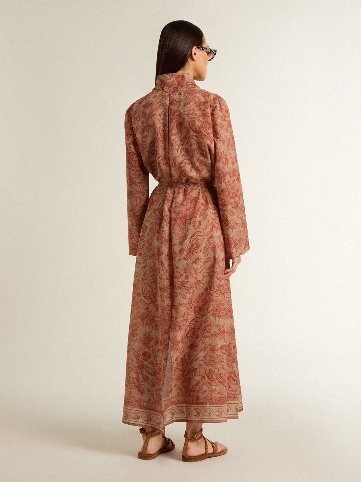 Golden Goose - Damen-Kaftan aus Baumwollvoile mit maritimem Allover-Print in Ziegelrot in 