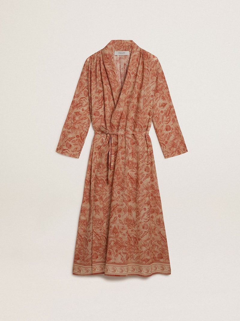 Women's kaftan in cotton voile with all-over brick-red marine print