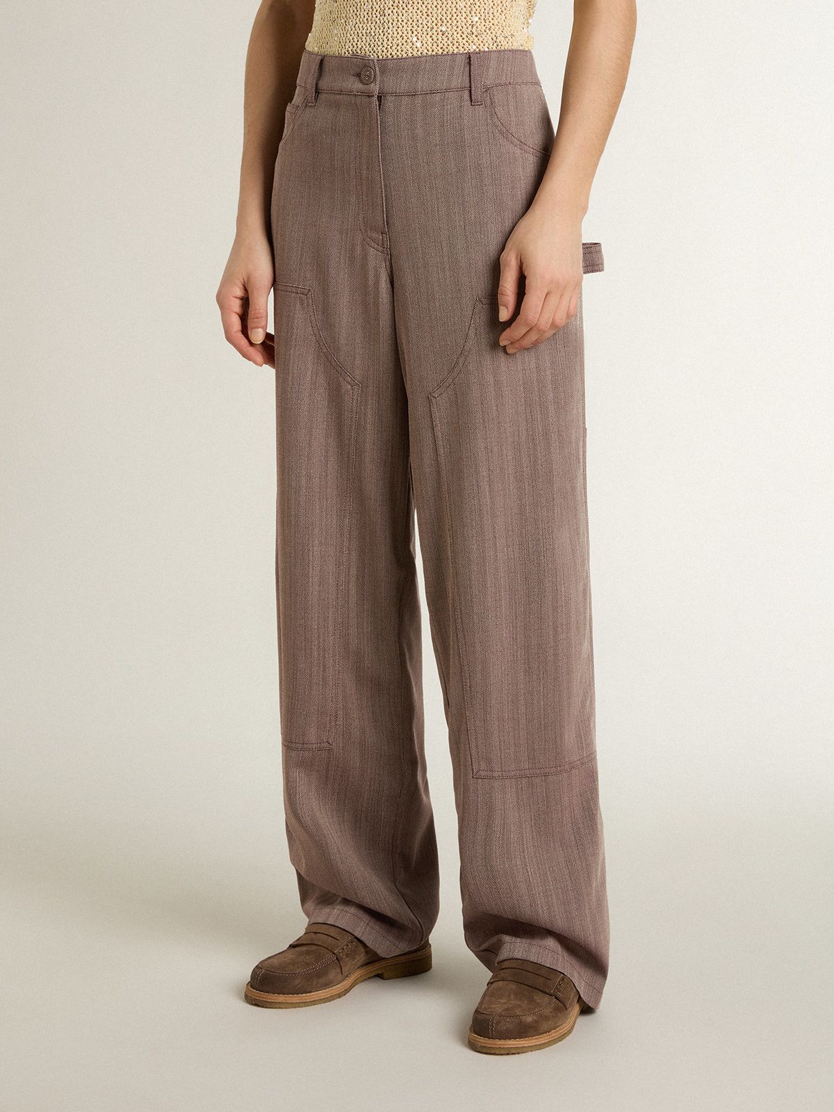 Chevron Pattern Slacks Women’s wool blend pants in light brown micro chevron