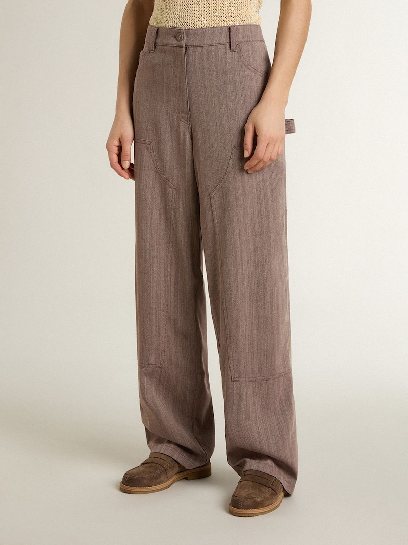 Golden Goose - Pantal&oacute;n de mujer en mezcla de lana con estampado microchevron marr&oacute;n claro in 