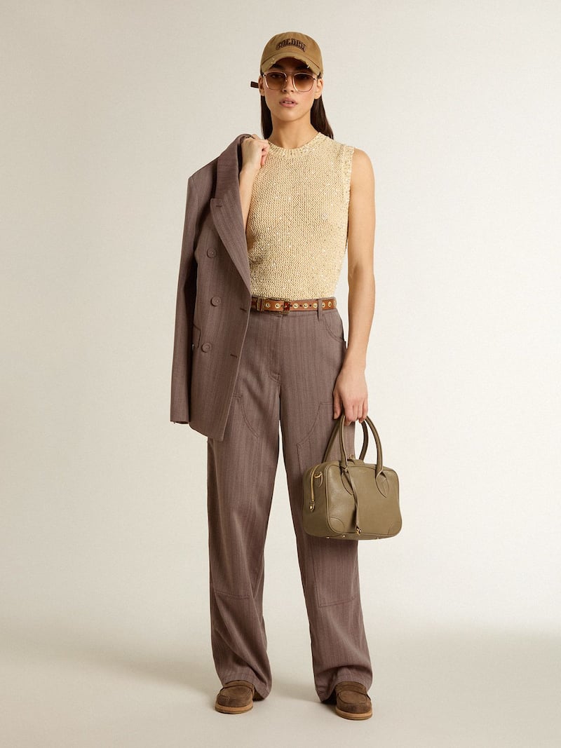 Golden Goose - Pantal&oacute;n de mujer en mezcla de lana con estampado microchevron marr&oacute;n claro in 