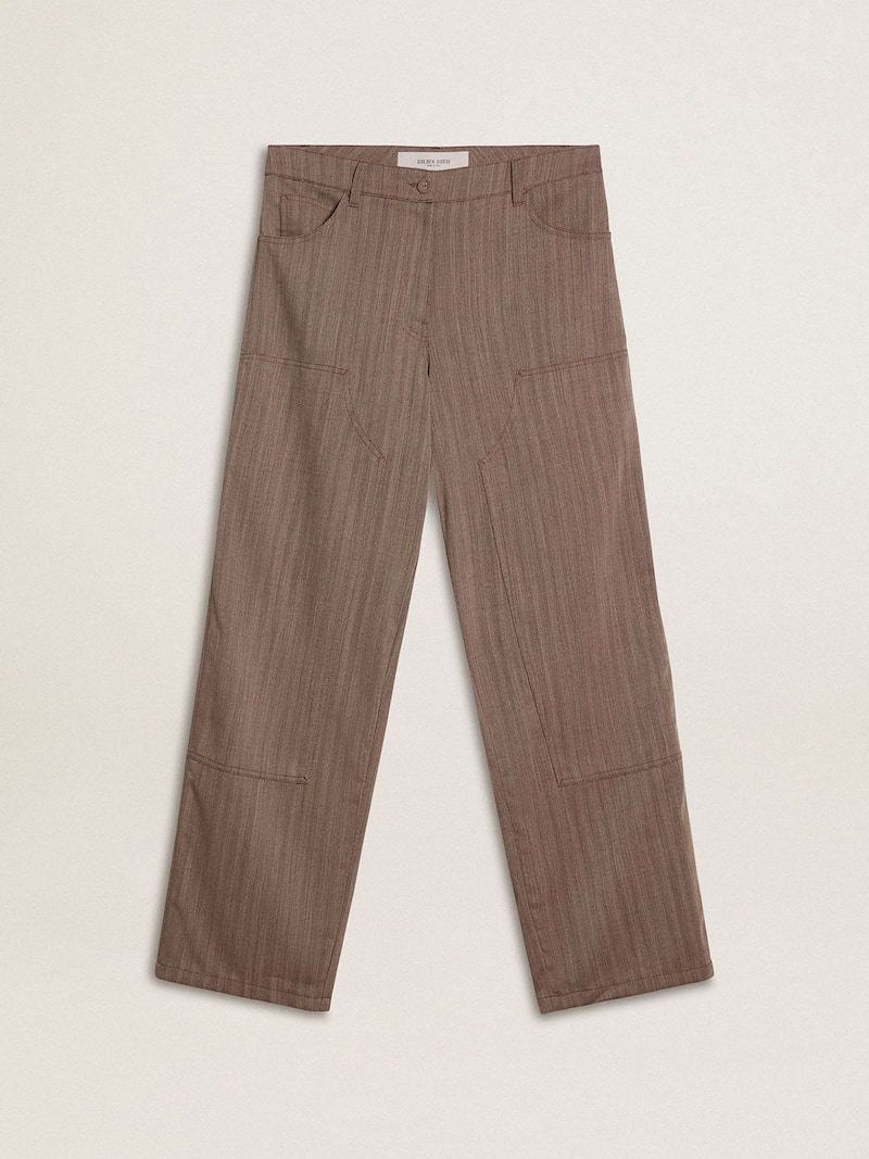 Pantalon pour femme marron clair en laine mélangée à petits chevrons