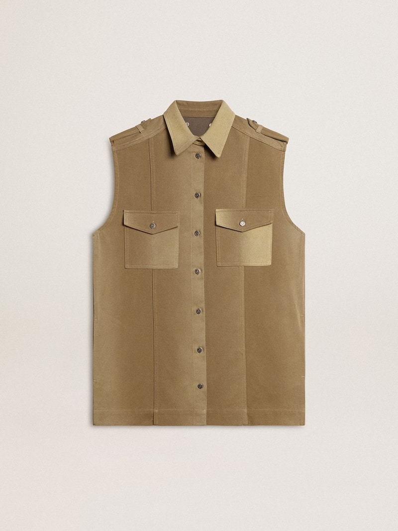 Damen-Hemdblusenkleid aus sandfarbenem Denim mit Militärdetails