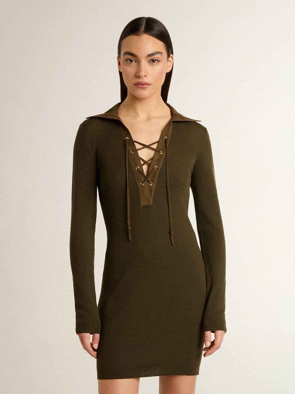 Golden Goose - Mini-robe en laine vert militaire avec détails en cuir in 