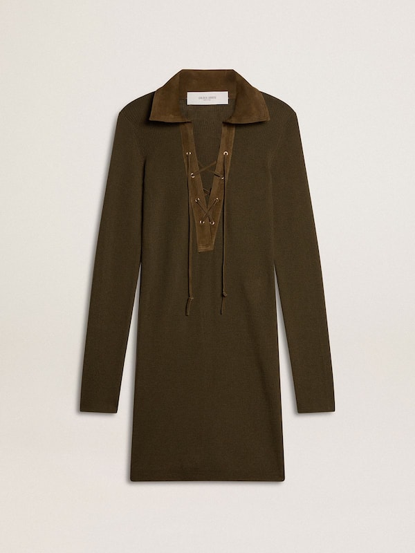 Golden Goose - Military green wool mini dress with leather details in 
