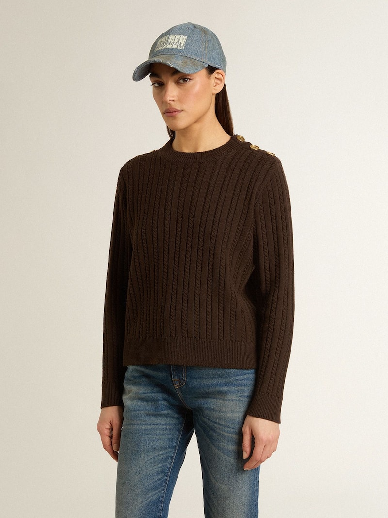 Golden Goose - Damen-Rundhalspullover aus Wollmischung mit goldfarbenen Kn&ouml;pfen in 