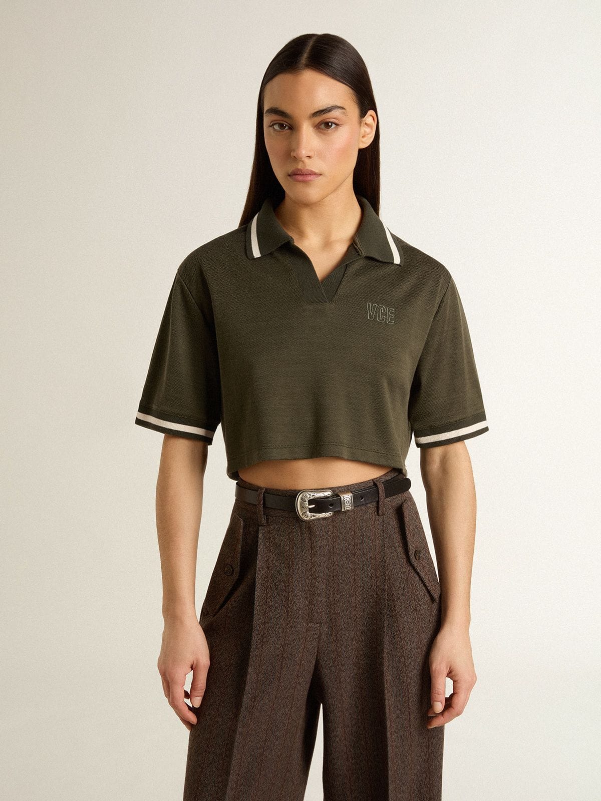 Golden Goose - Women's cropped polo in military-green jersey with embroidery in 