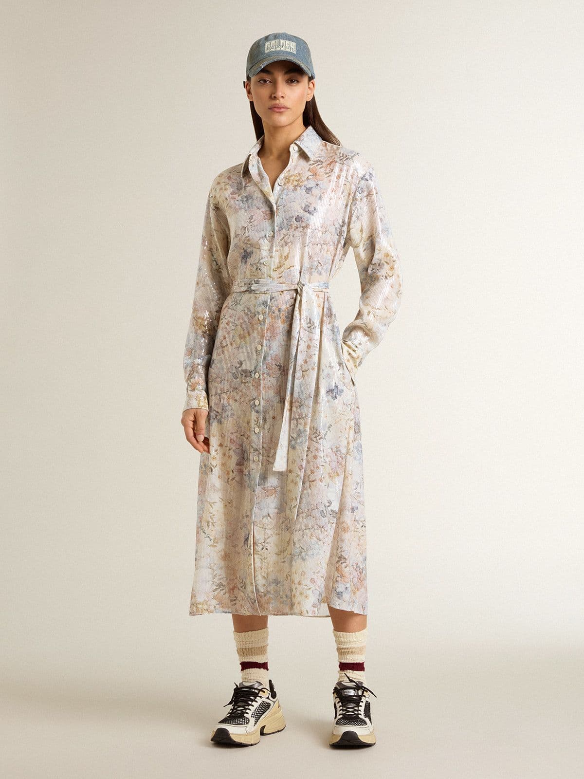 Golden Goose - Vestido camisero de mujer con estampado floral multicolor de lentejuelas in 