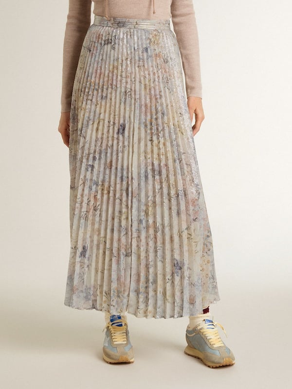 Golden Goose - Women's long pleated skirt with multicolor floral sequin print in 
