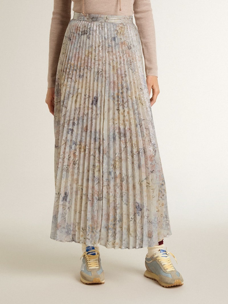 Golden Goose - Gonna lunga pliss&eacute; da donna con stampa floreale multicolor in paillettes in 