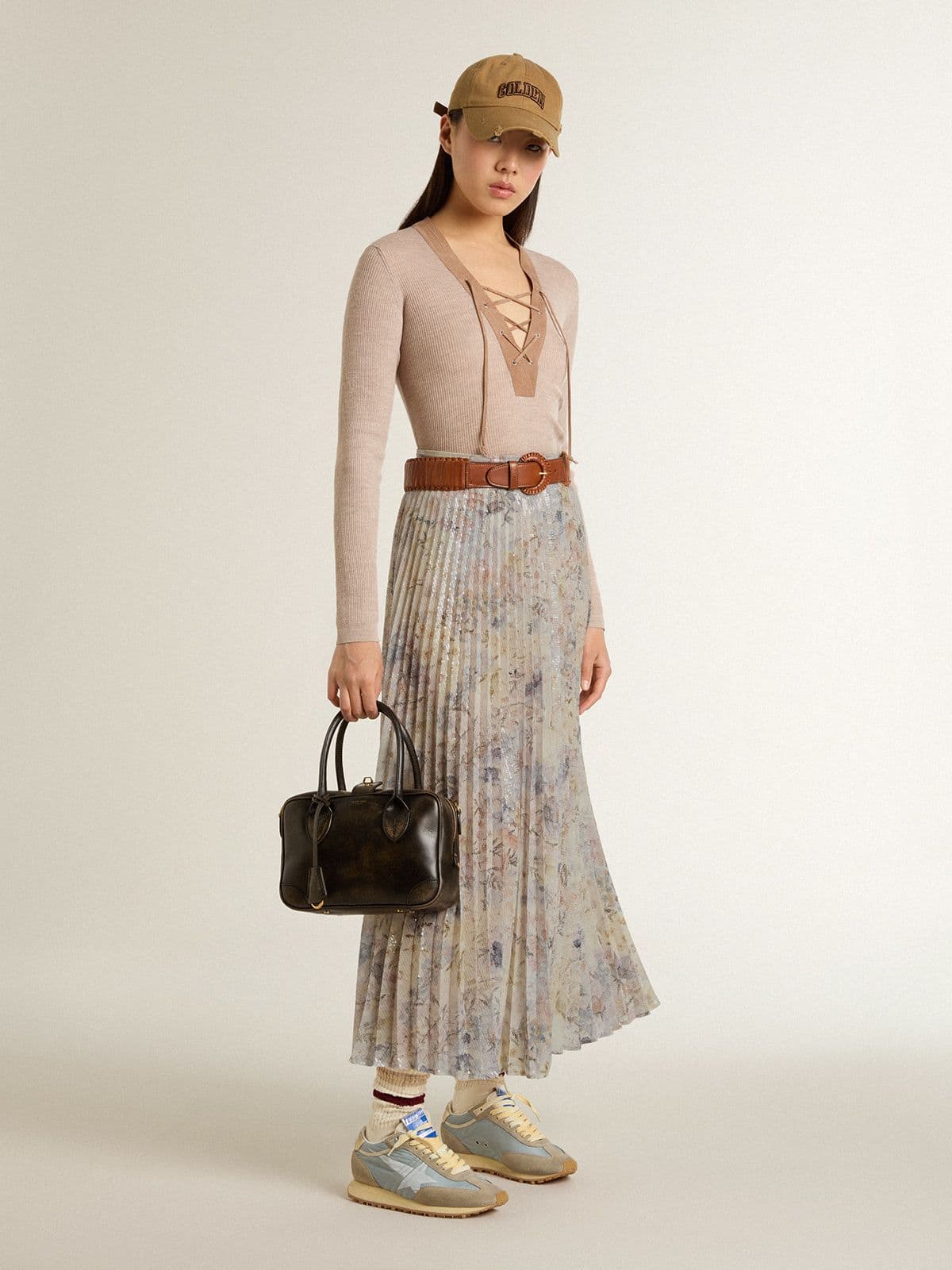 Golden Goose - Langer Damen-Plisseerock mit mehrfarbigem Blumenprint mit Pailletten in 