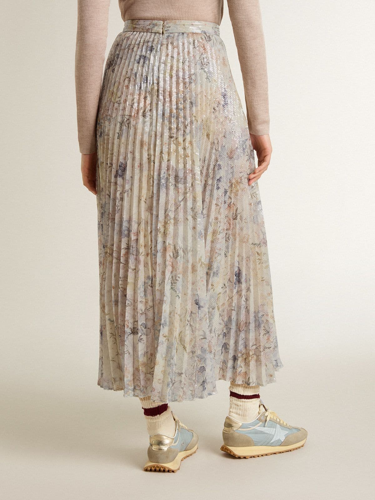 Golden Goose - Langer Damen-Plisseerock mit mehrfarbigem Blumenprint mit Pailletten in 