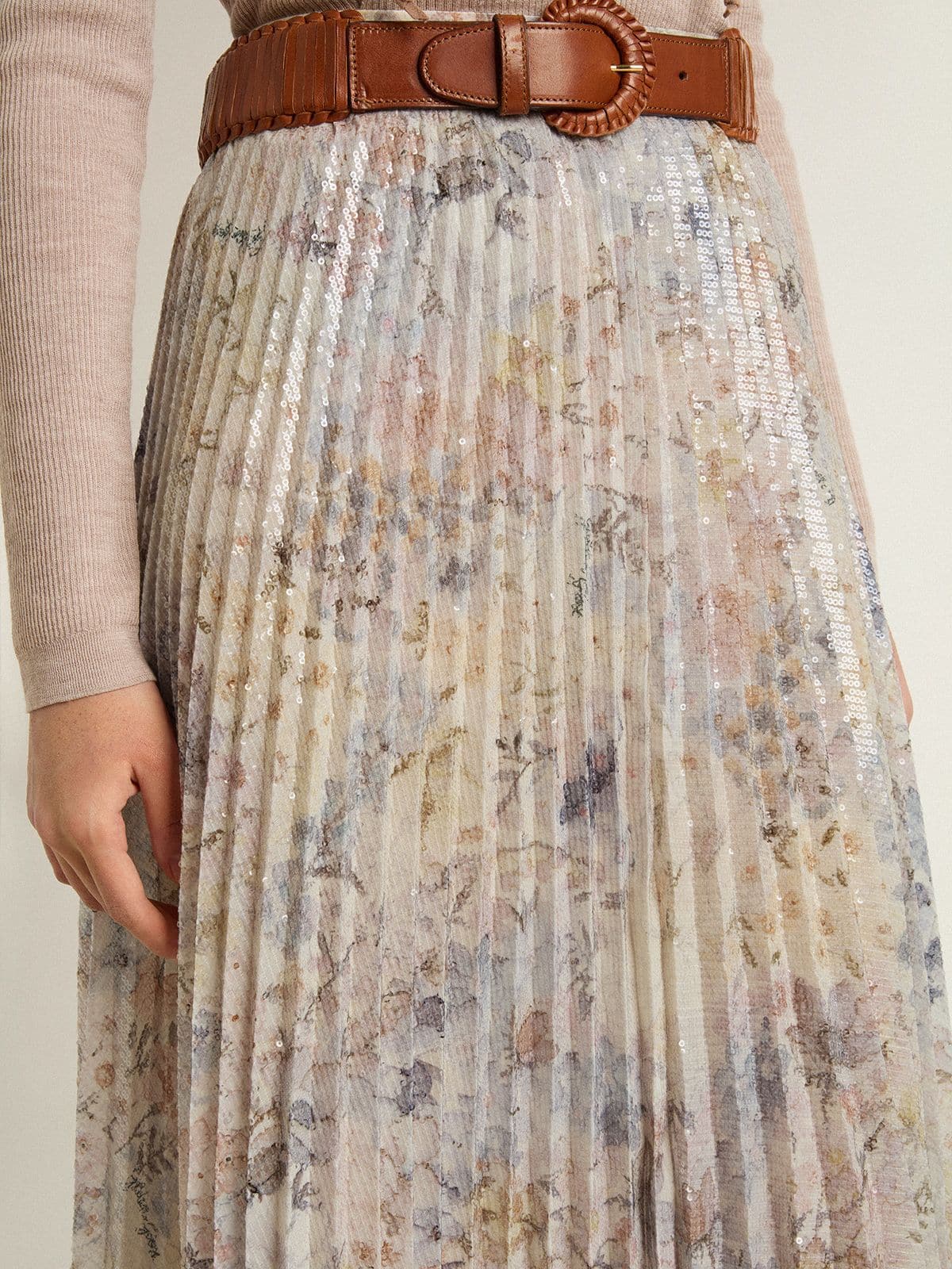 Golden Goose - Langer Damen-Plisseerock mit mehrfarbigem Blumenprint mit Pailletten in 
