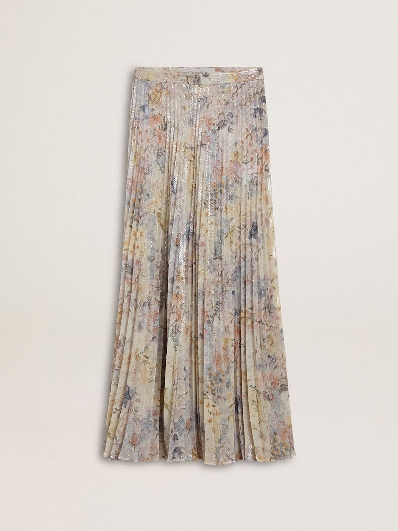 Gonna lunga plissé da donna con stampa floreale multicolor in paillettes