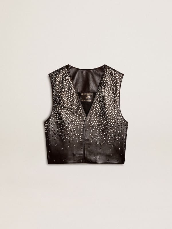 Women's black leather waistcoat with gradient-effect studs