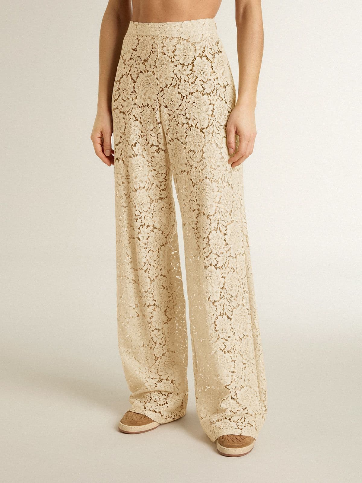 Golden Goose - Pantalone da donna in pizzo color crema see-through in 