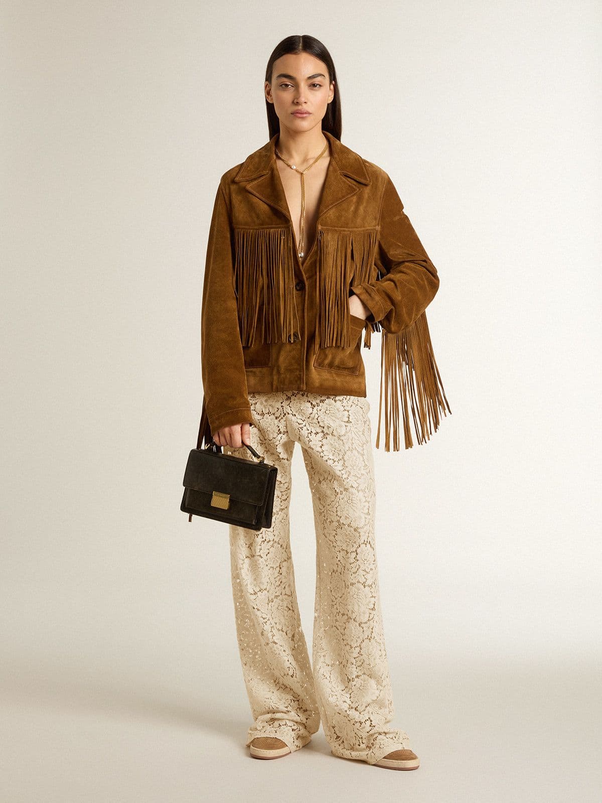 Golden Goose - Pantalone da donna in pizzo color crema see-through in 
