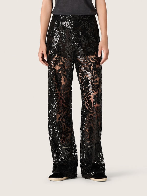 Golden Goose - Women's tulle pants with floral embroidery in black sequins in 