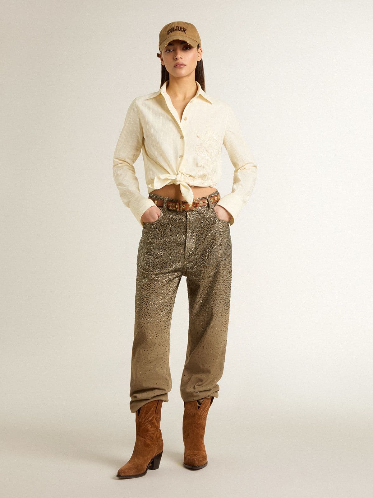 Golden Goose - Camisa de mujer de algodón color nata con bordado floral in 