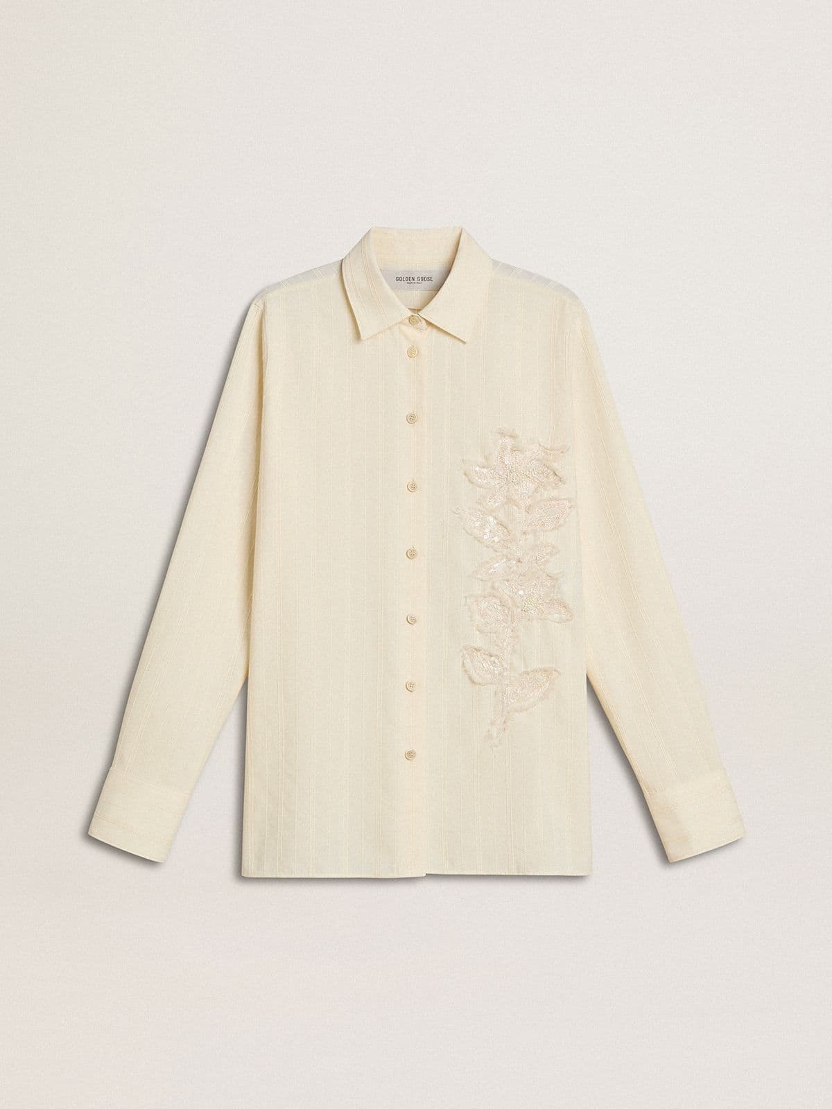 Golden Goose - Camisa de mujer de algodón color nata con bordado floral in 
