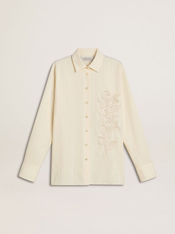 Golden Goose - Women's cream-colored cotton shirt with floral embroidery in 