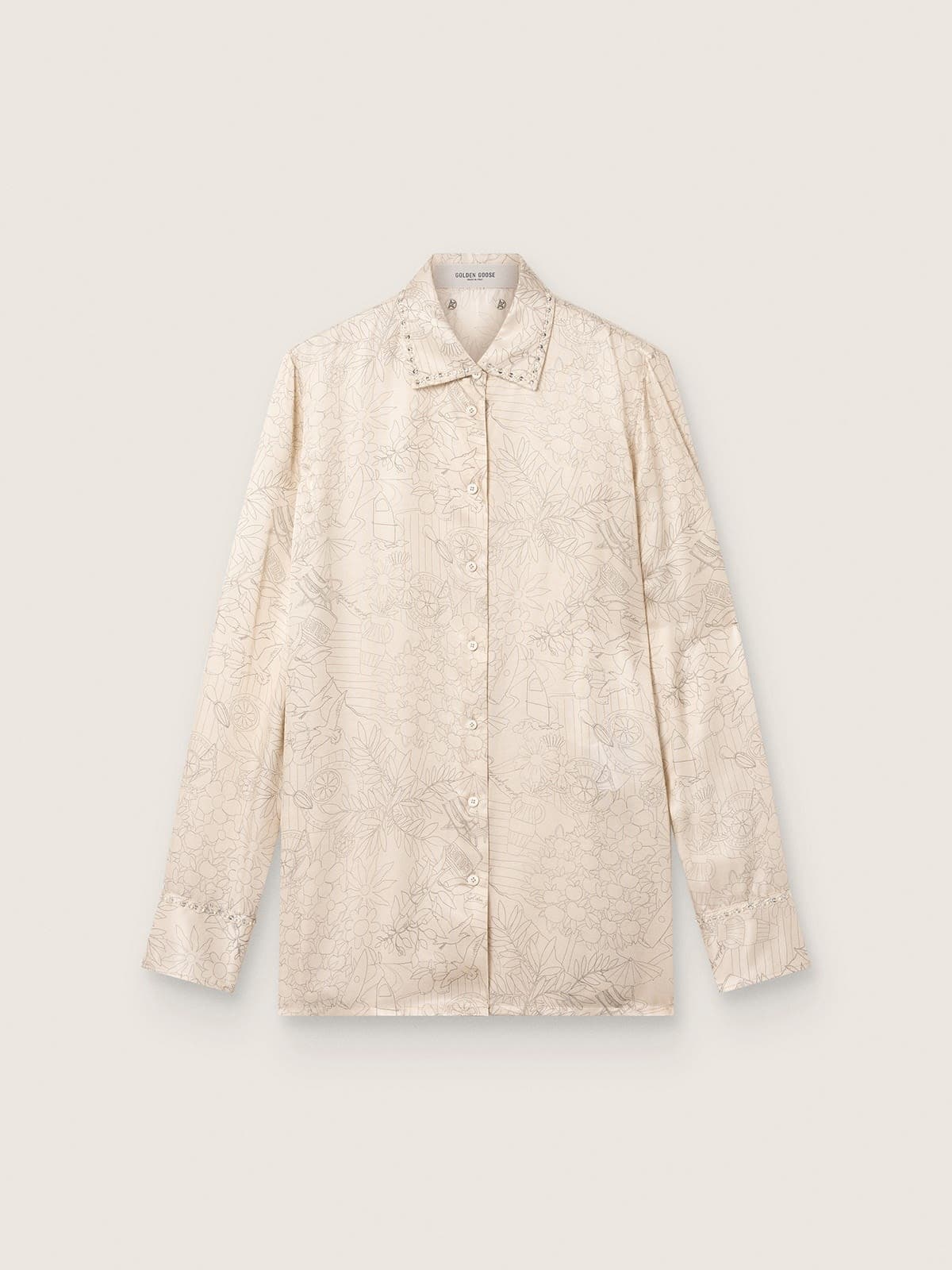 Golden Goose - Camicia da donna in raso misto seta avorio con stampa in 