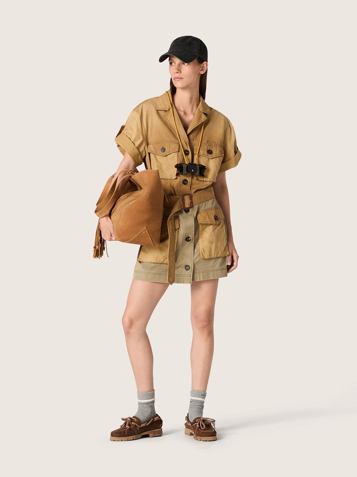 Golden Goose - Abito sahariano da Donna in cotone beige e verde militare con maxi tasche in 