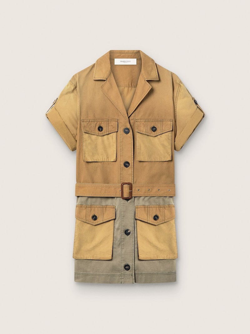 여성 맥시 포켓 베이지 앤 밀리터리 그린 코튼 사파리 드레스