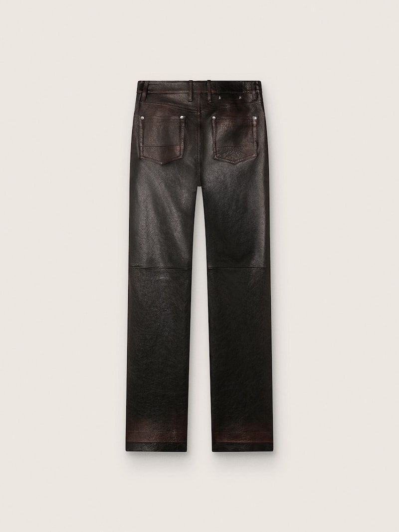 Golden Goose - Pantal&oacute;n de mujer en napa color borgo&ntilde;a oscuro con tratamiento vintage in 