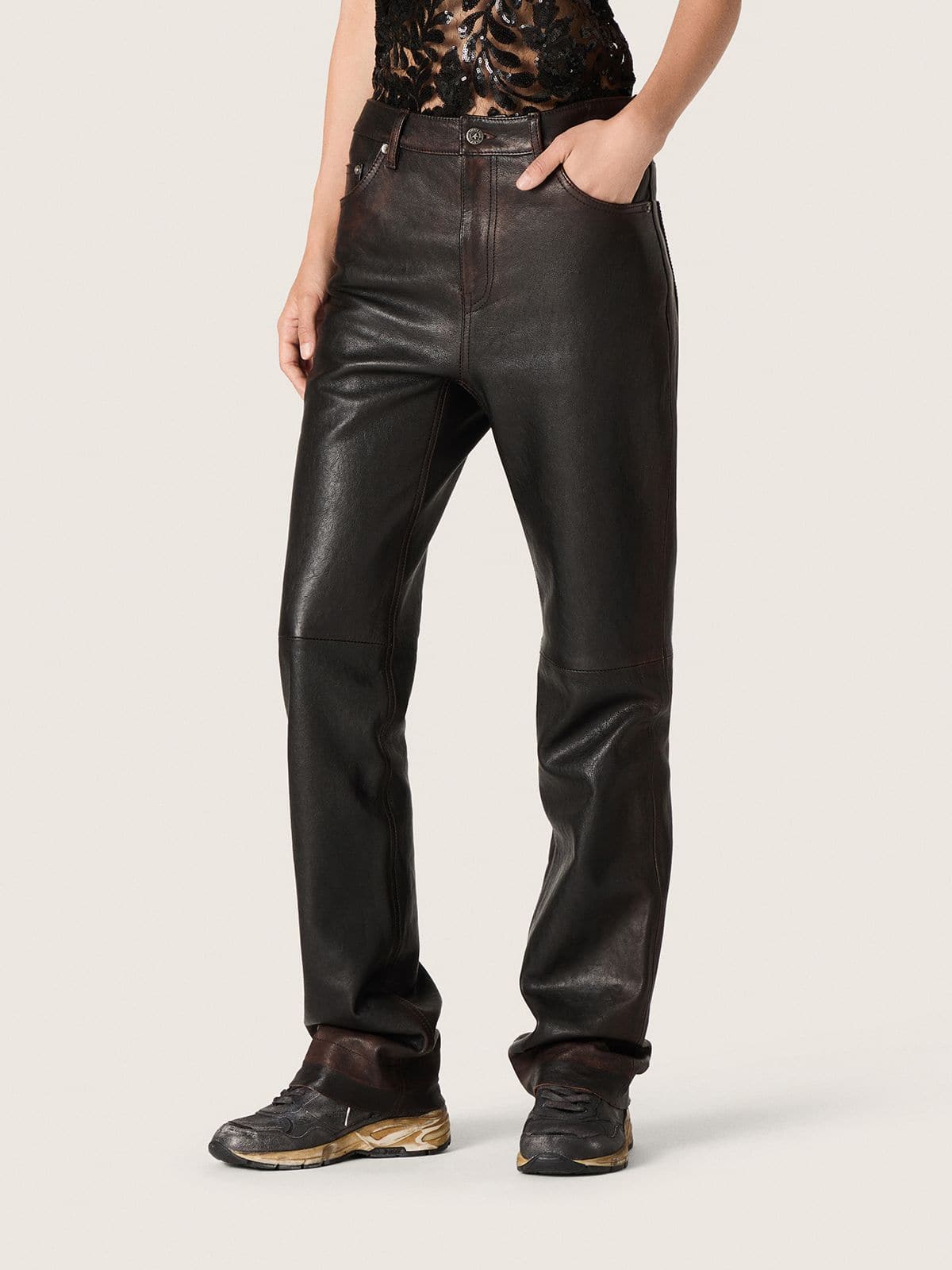 Golden Goose - Women's pants in dark burgundy nappa with vintage finish in 