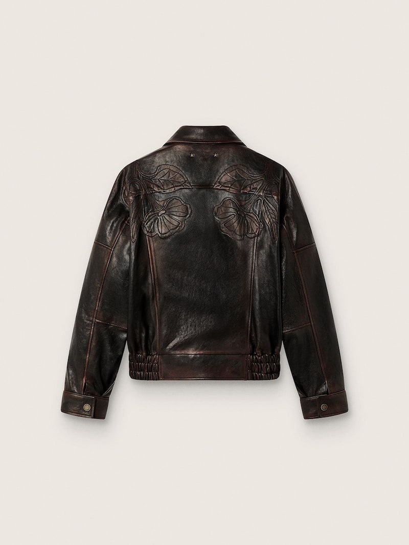 Golden Goose - Cazadora bomber de mujer en napa color borgo&ntilde;a oscuro con bordado floral in 