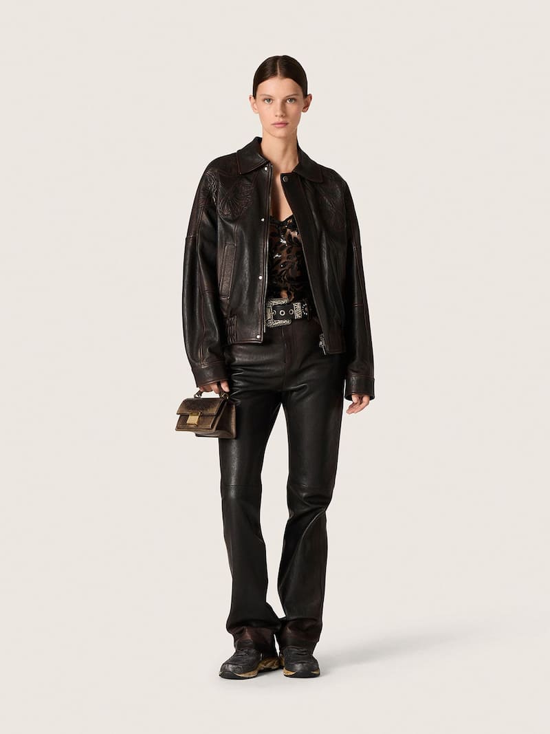 Golden Goose - Cazadora bomber de mujer en napa color borgo&ntilde;a oscuro con bordado floral in 