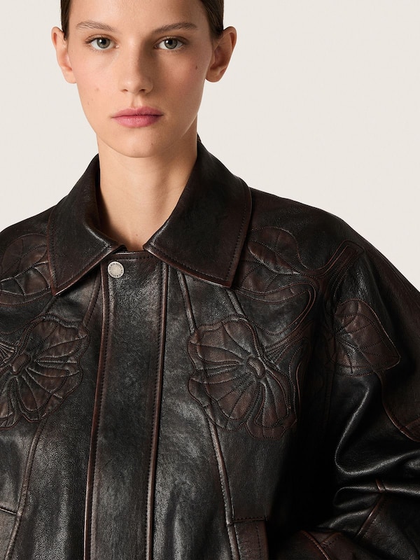 Golden Goose - Women's bomber jacket in dark burgundy nappa leather with floral embroidery in 