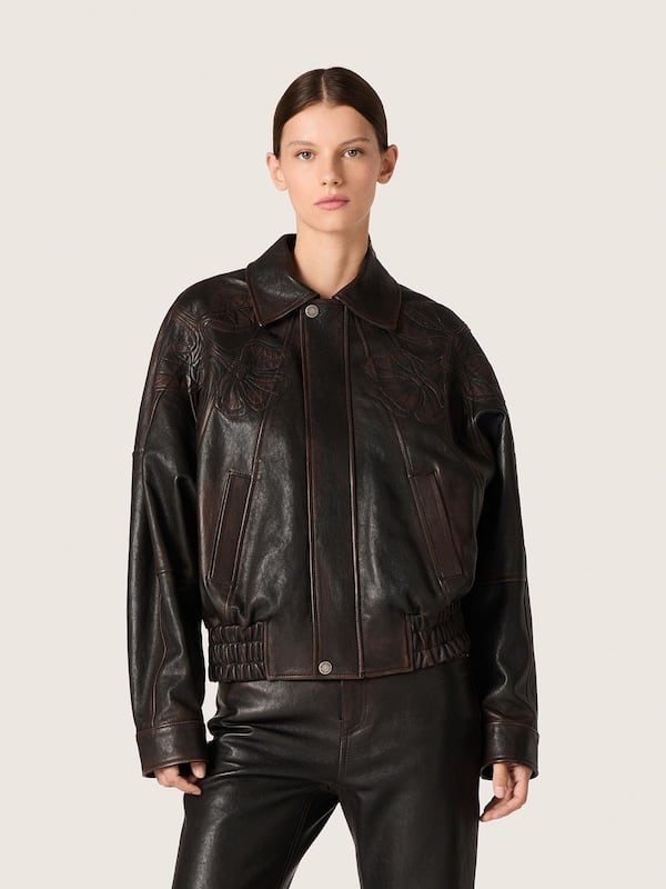 Golden Goose - Women's bomber jacket in dark burgundy nappa leather with floral embroidery in 
