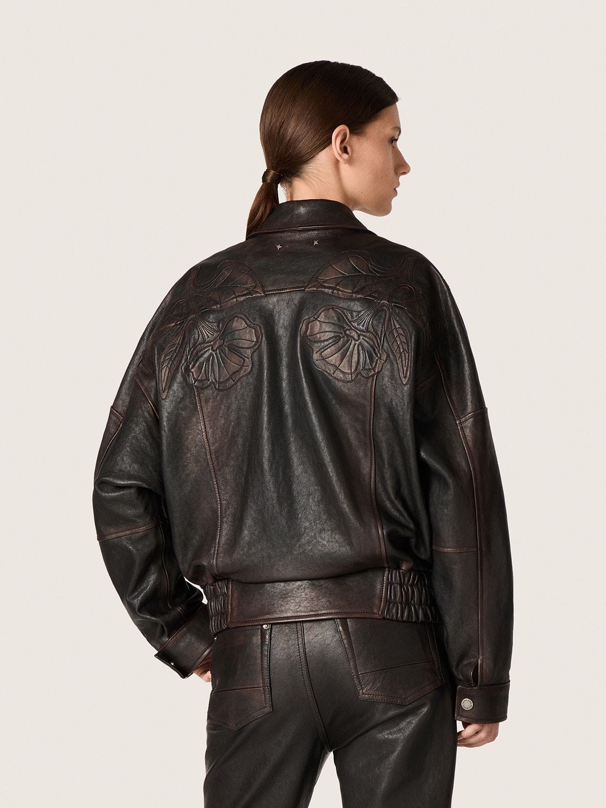 Women's bomber jacket dark burgundy nappa leather with floral embroidery