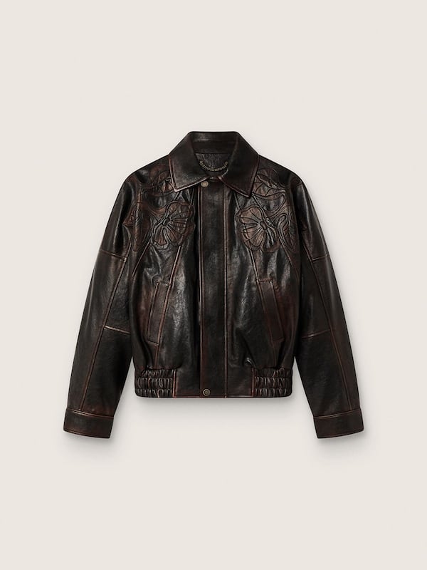 Golden Goose - Women's bomber jacket in dark burgundy nappa leather with floral embroidery in 