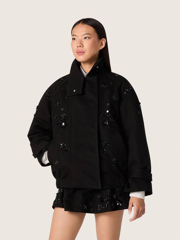 Golden Goose - Women’s oversized jacket in black cotton twill with floral sequin embroidery in 