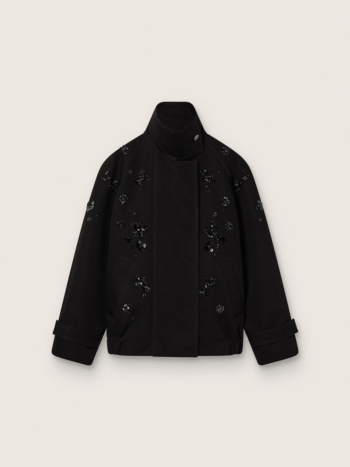 Golden Goose - Oversize-Damenjacke aus schwarzem Baumwolltwill mit Blumenstickerei aus Pailletten in 
