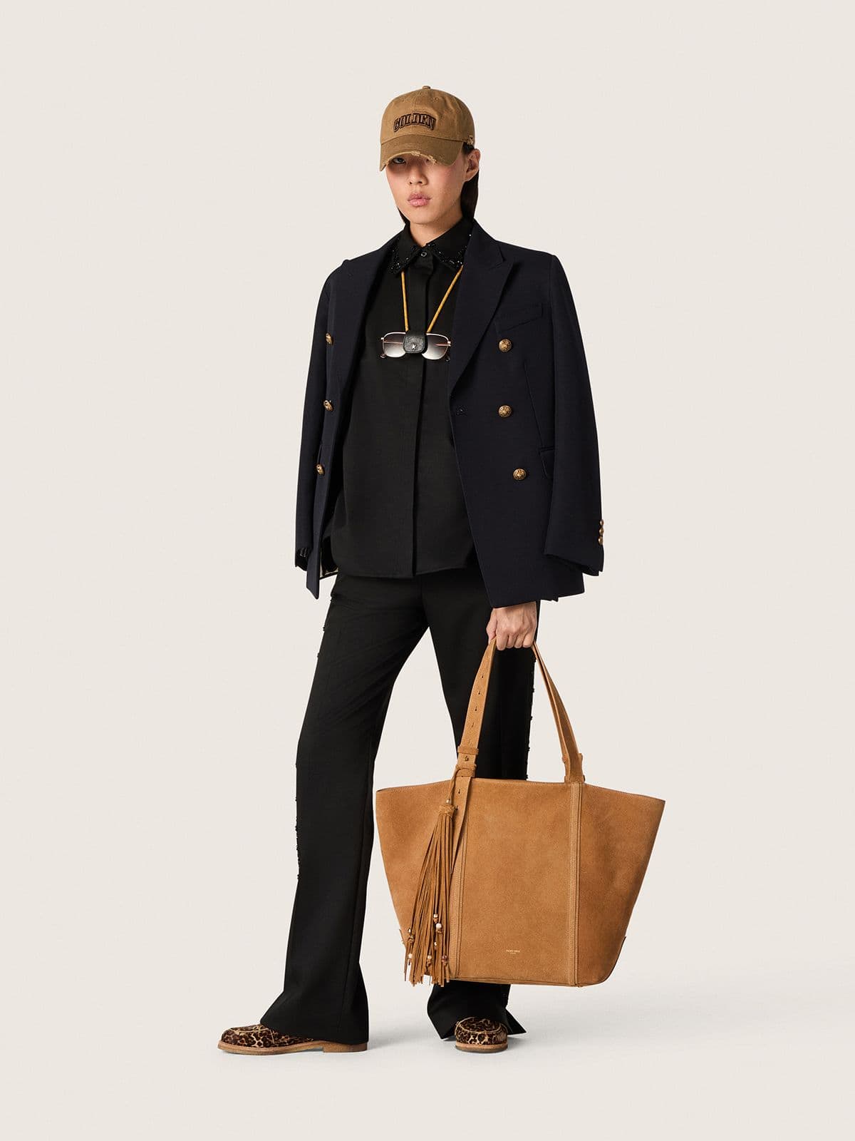 Golden Goose - Women's shirt in black wool twill with floral embroidery in glass beads in 