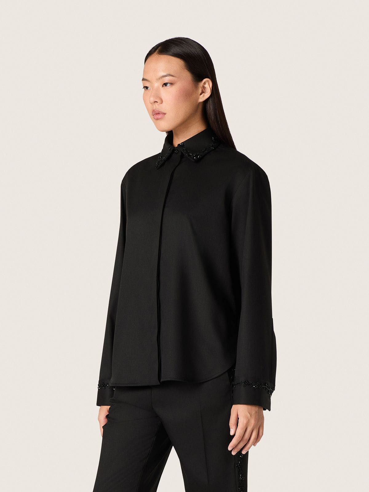 Golden Goose - Women's shirt in black wool twill with floral embroidery in glass beads in 