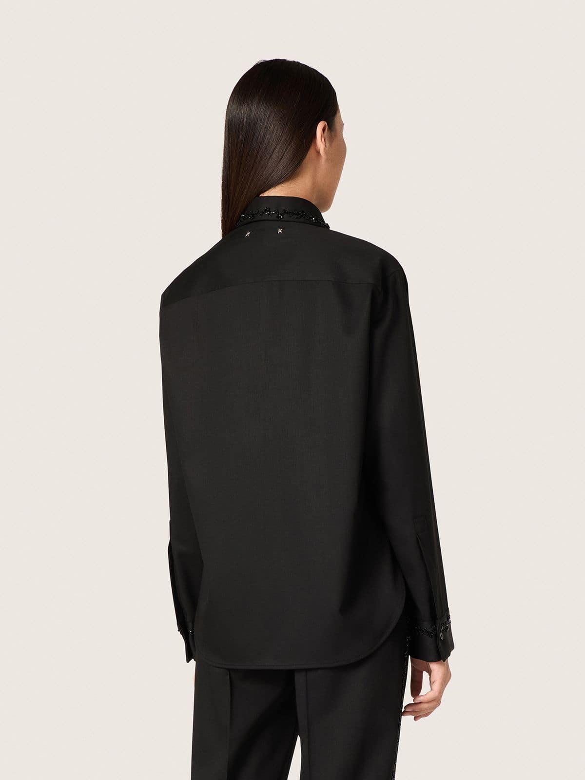 Golden Goose - Women's shirt in black wool twill with floral embroidery in glass beads in 