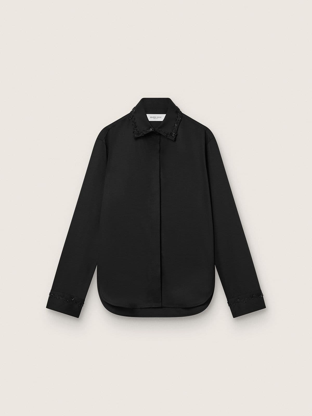 Golden Goose - Women's shirt in black wool twill with floral embroidery in glass beads in 