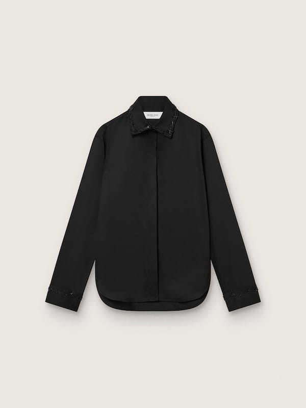 Golden Goose - Women's shirt in black wool twill with floral embroidery in glass beads in 