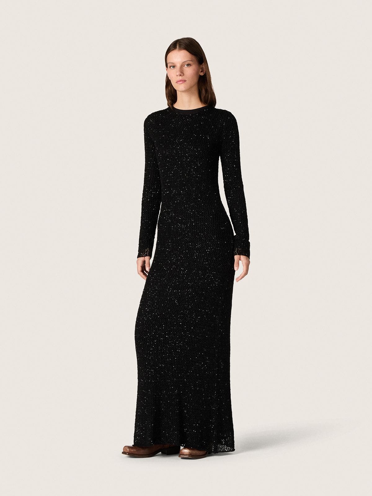 Golden Goose - Women's long dress in black mesh with black sequins in 
