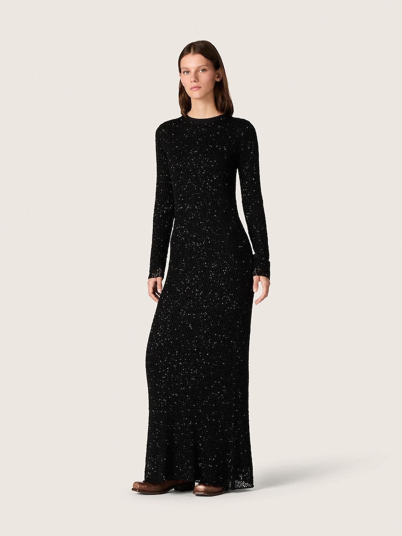 Golden Goose - Langes Damenkleid aus schwarzem Mesh mit schwarzen Pailletten in 