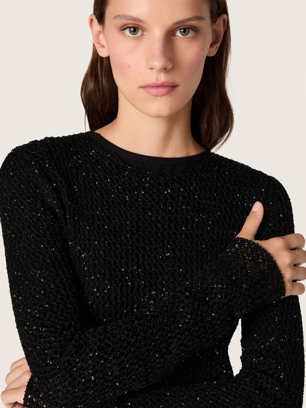 Golden Goose - Women's long dress in black mesh with black sequins in 