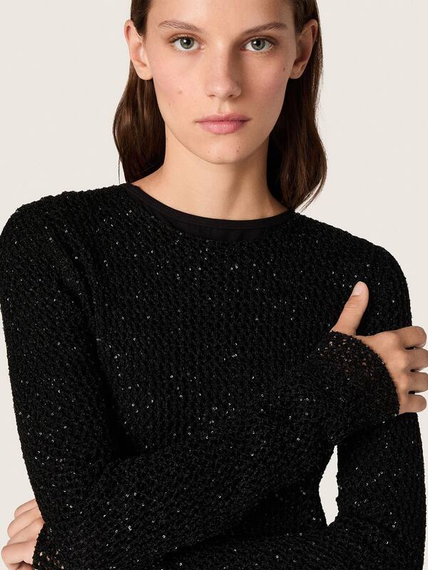 Golden Goose - Women's long dress in black mesh with black sequins in 